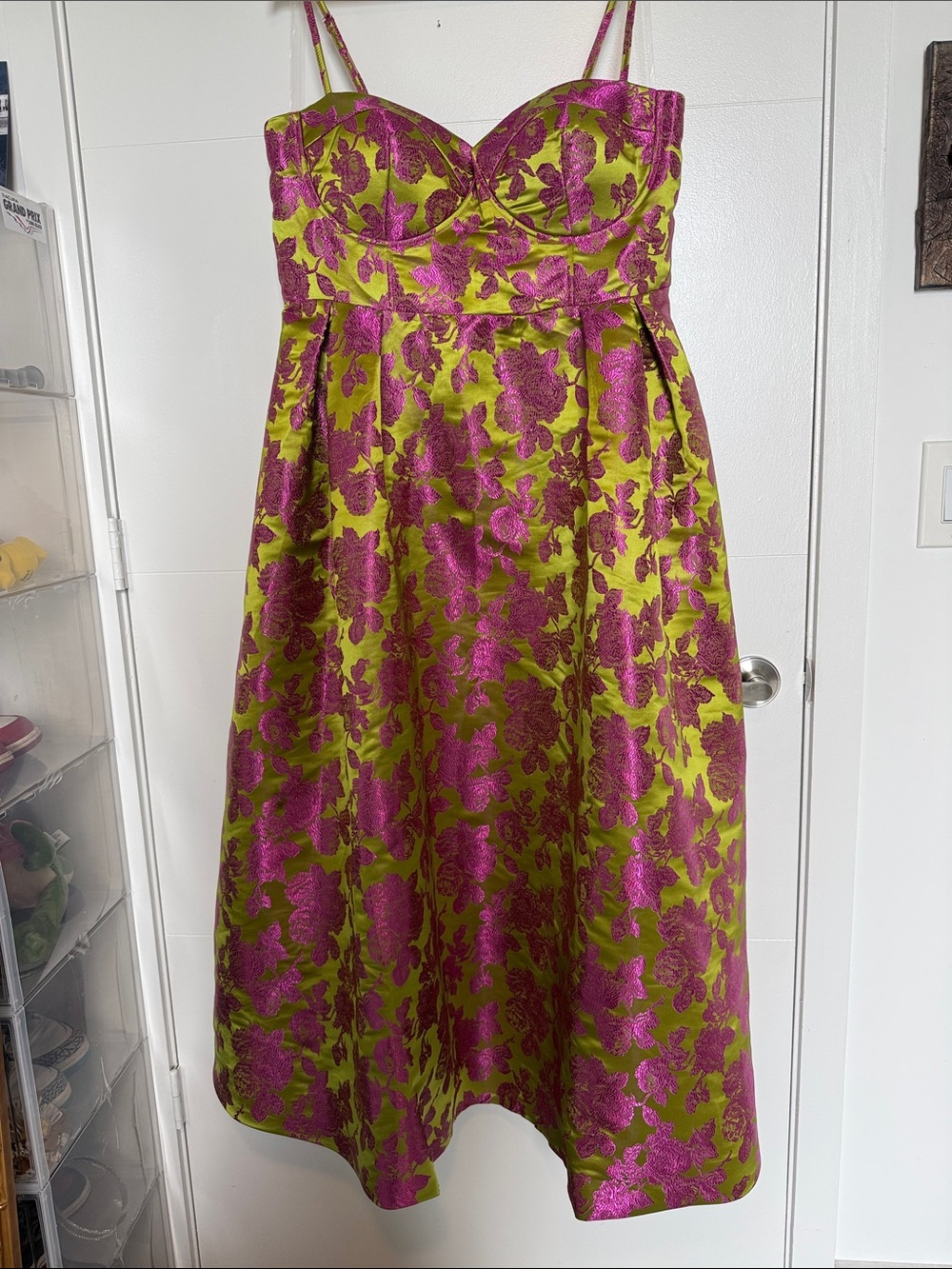NWT Fashion Nova Lux Pink & Lime Floral Brocade Bustier Midi Dress - Picture 2 of 11